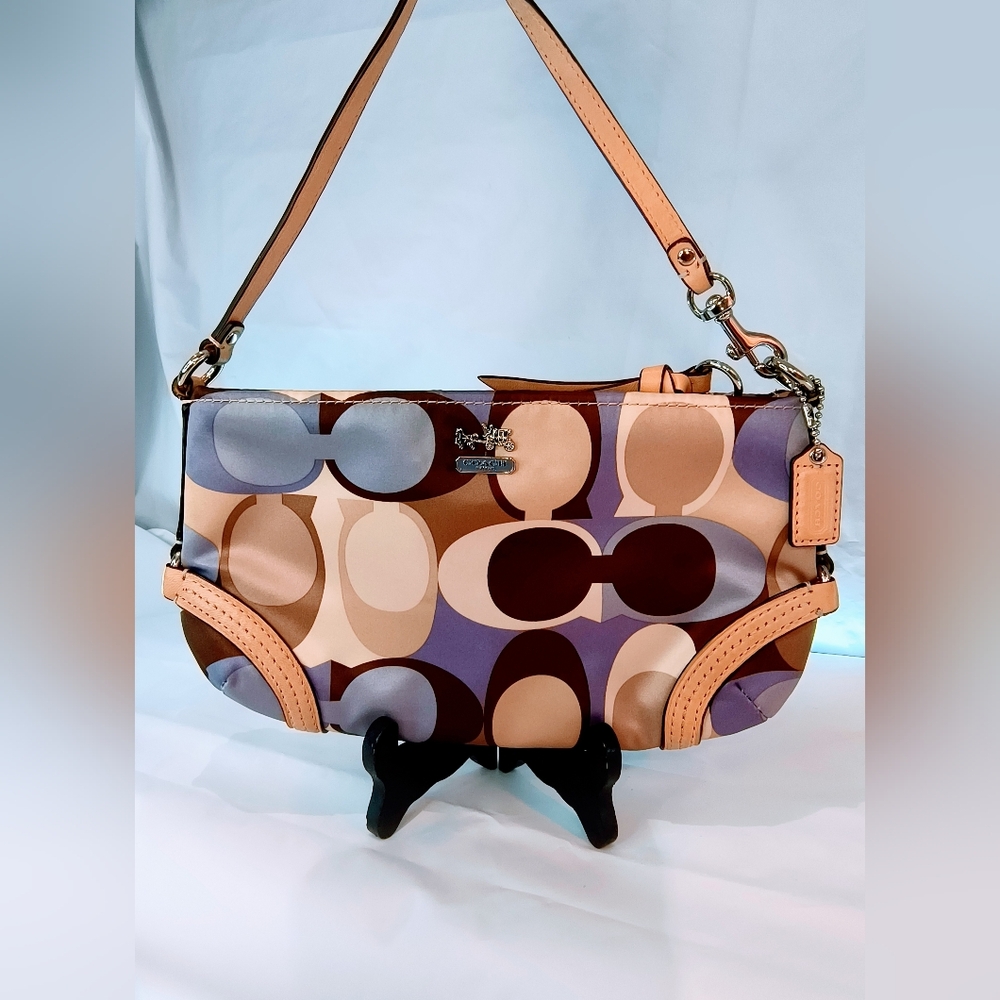 COACH Satin Multi-Color (Browns & Blues) Baguette Style Lg Wristlet Purse